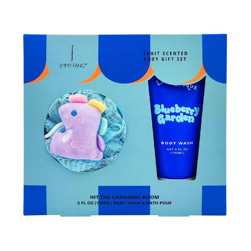Fruit Scented Body Gift Set with Blueberry Scented Body Wash and Cute Animal Design Bath Pouf